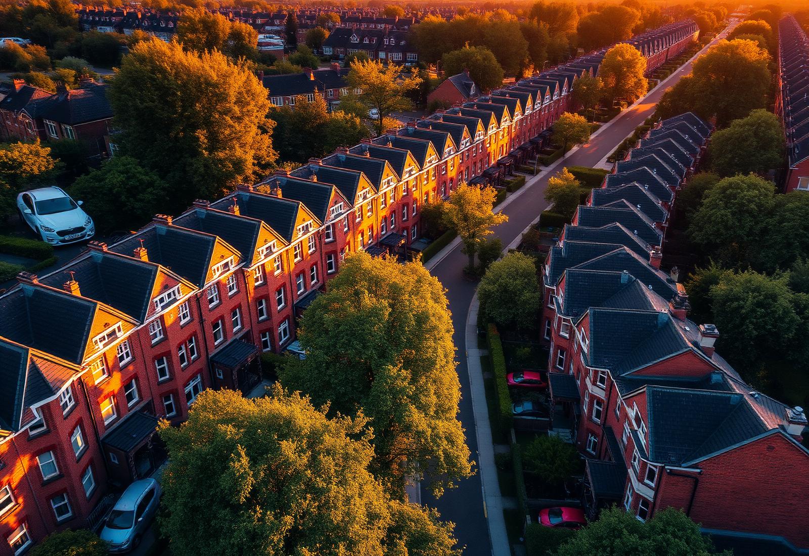 Aerial view of Merseyside residential streets at golden hour